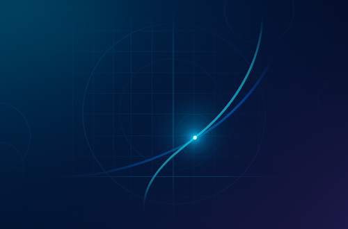 Graph of exponential and logarithmic curves on a blue Cartesian grid with a glowing intersection point